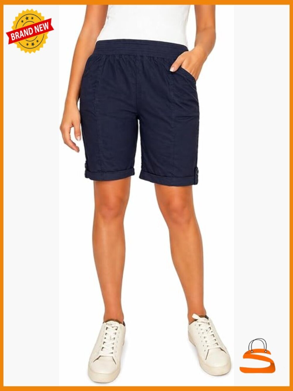 Pull-On Bermuda Shorts with Pockets Elastic Waistband Mid Rise Cotton Spandex